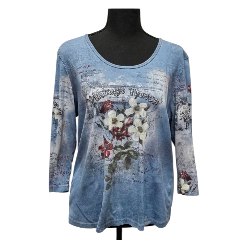 Dress Barn Vintage Roses Floral Embellished 100% Cotton Pullover Top Sz 1X